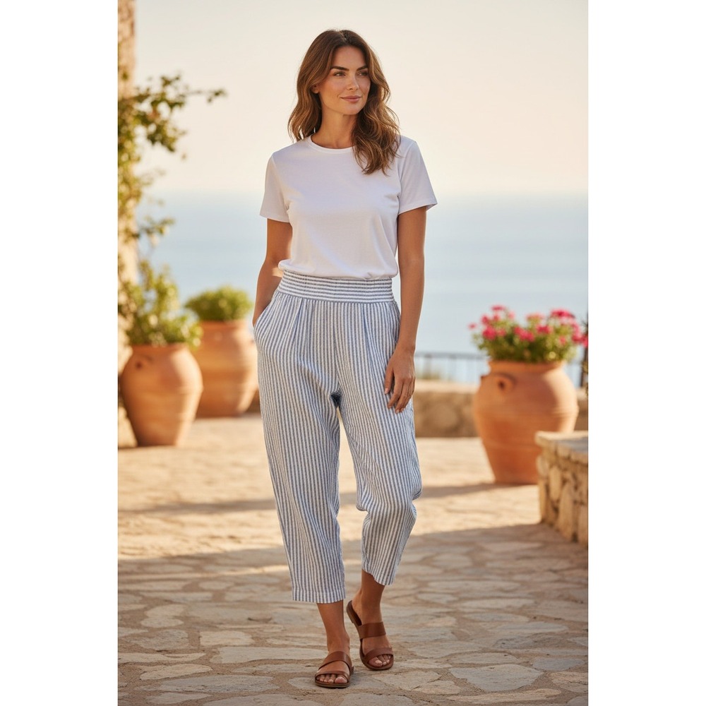 Avenue Montaigne Alex Blue White Striped Linen Blend Pull On Pant M $315 Coastal
